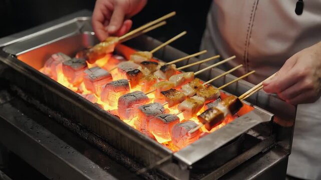  The male chef rotates skewers over charcoal, fat drips causing small flare-ups, heat shimmer visible, camera performs micro-zoom