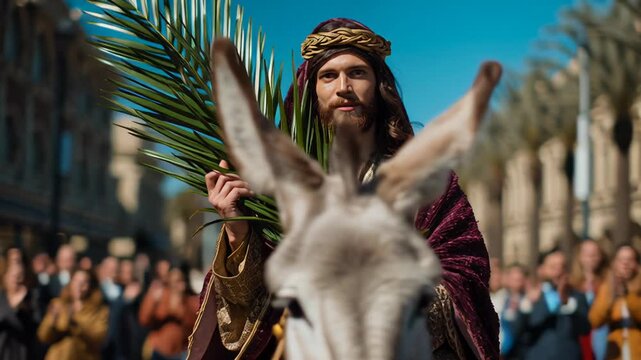 Jesus on donkey holding palm branch, actor in ornate robe and crown rides through sunny city street during palm procession, packed crowd watches, devotional