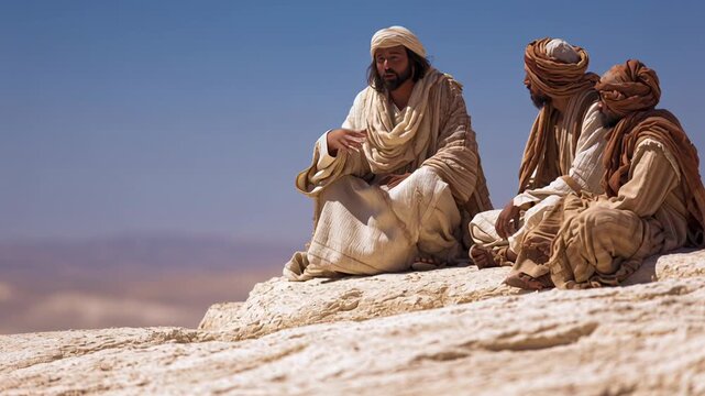 Jesus teaching on sunlit desert hilltop, semitic disciples in linen robes seated on rock, gesturing and listening, warm golden light, vast arid landscape,