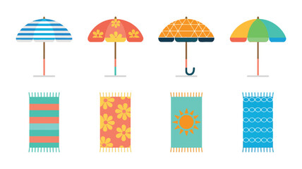 Summer Beach Vacation Vector Collection Featuring Colorful Umbrellas, Towels, Parasols and Mats, Bright Geometric and Floral Patterns, Flat Design Seaside Accessories for Tropical Holiday © Raxzen
