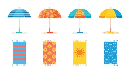 Beach Vacation Vector Set with Colorful Umbrellas and Towels, Summer Seaside Accessories Collection, Bright Geometric and Floral Pattern Parasols and Beach Mats, Flat Design Tropical Holiday Elements © Raxzen