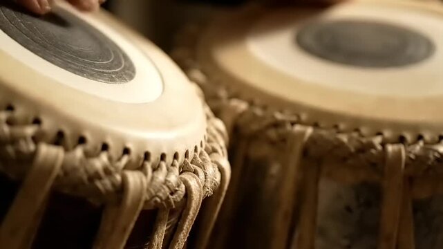 Close-up of a Musician Playing Traditional Indian Tabla Drums.