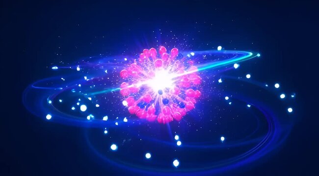 Abstract glowing virus cell with blue light rings, microscopic pink pathogen particle in motion, medical science animation of infectious bacteria