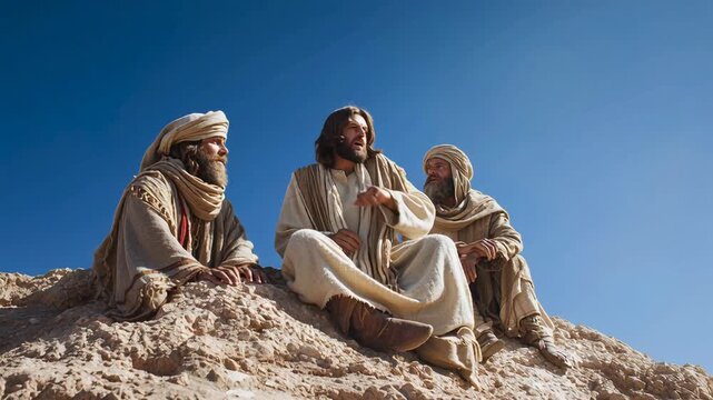 Jesus teaching on sunlit desert hilltop, semitic disciples in linen robes seated on rock, gesturing and listening, warm golden light, vast arid landscape,