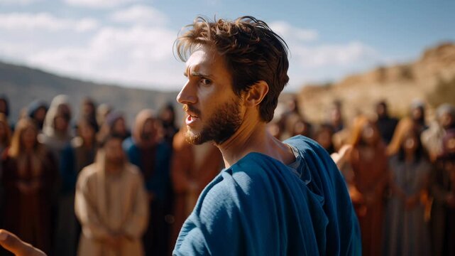 Bearded man preaching to crowd at sunset, purple robe flowing, outstretched hands, devoted listeners bathed in golden light, serene spiritual gathering filled