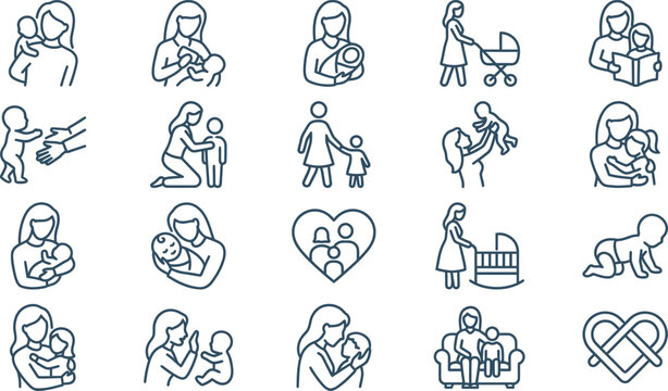Beautiful vector line art icons illustrating motherly love, family bonds, and child development stages.
