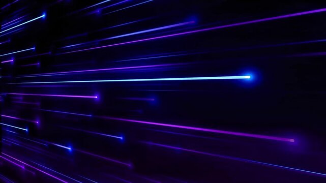 Horizontal neon blue and purple data lines flying across a dark digital space in a seamless loop representing high speed fiber optic communication.