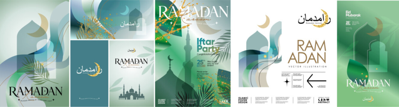 Ramadan Kareem. Eid Mubarak. Vector, elegant, modern abstract illustration of an Islamic crescent moon, mosque, Arabic window, and arch for an elegant poster with gradients, greeting card, invitation,