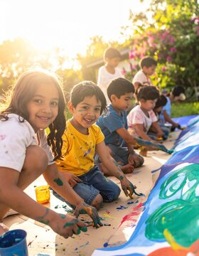 Joyful children painting outdoors, creating vibrant art together under the warm sun.