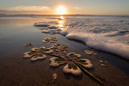 Scattered Shamrocks in Various Sizes Drawn on Wet Beach Sand with Sl&aacute;inte Nearby, Playful Sunset Coastal Scene &ndash; perfect for st patrick's greetings