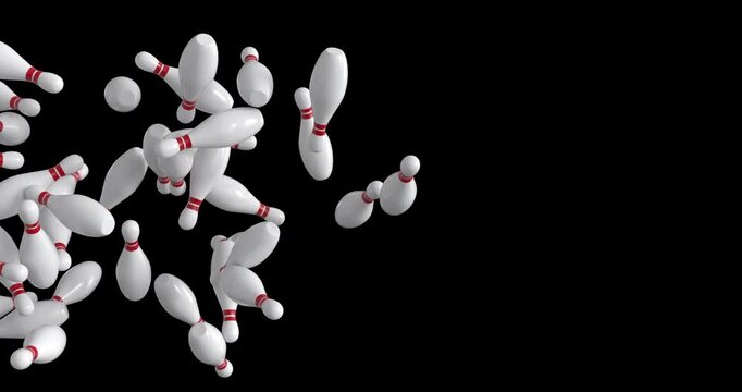 3D bowling pin animation with multiple pins moving across the screen from left to right. Ideal for sports visuals, game content, fun transitions, and motion graphics projects. 4K UHD with alpha channe