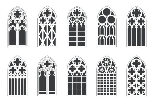 Church Medieval Windows Vector Set, Old Gothic Style Architecture Elements Collection, Decorative Cathedral Window Frames in Vintage Glyph Illustration Isolated on White Background