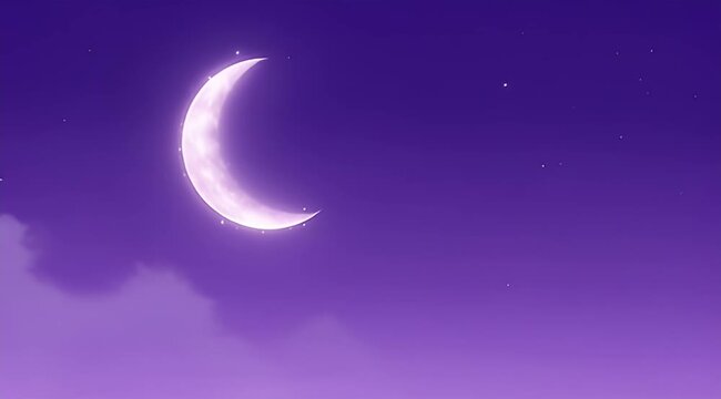 Dreamy lavender night scene with crescent moon shining brightly above soft clouds