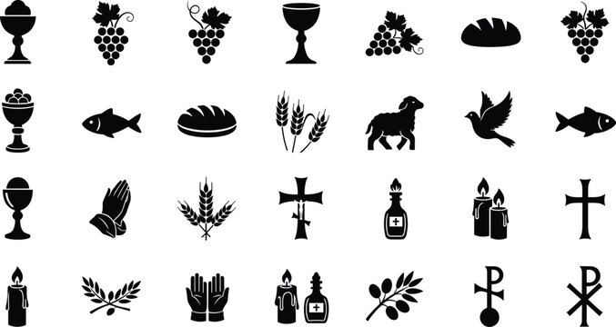 Christianity symbols and icons set including cross fish bread wine