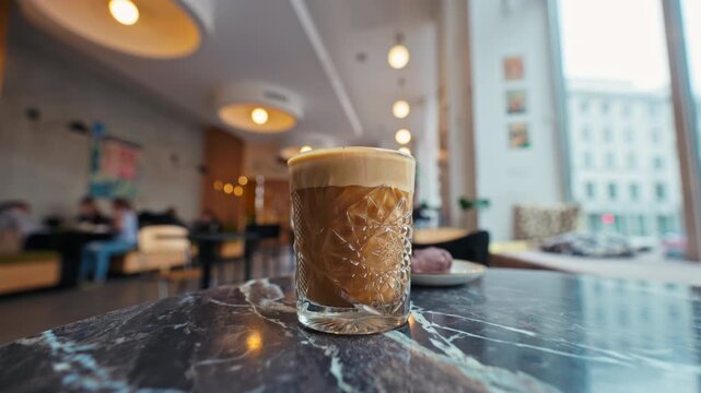 Coffee scene with gentle lighting. Warm morning atmosphere featuring frothy latte on marble table with blurred cafe background