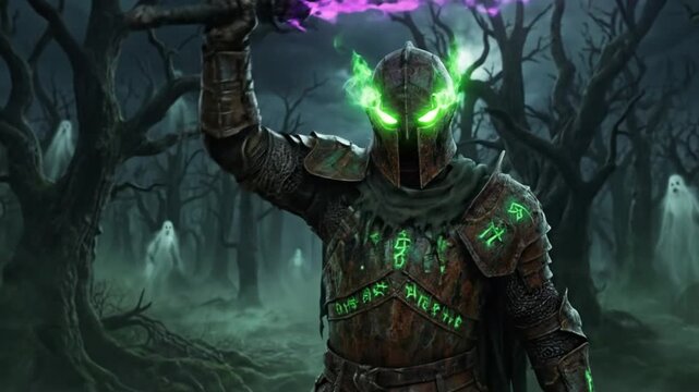 Undead dark knight with glowing green runes in forest