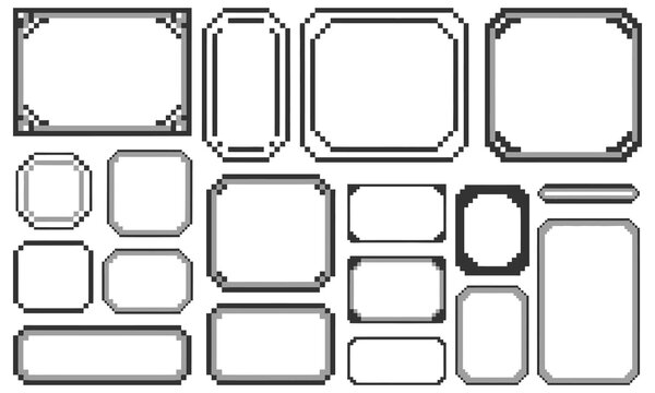 Pixel Art UI Frame and Window Border Vector Set, Black and White Video Game Interface Elements for Dialog Boxes, Menu Screens, Game HUD Design and Digital Asset Creation