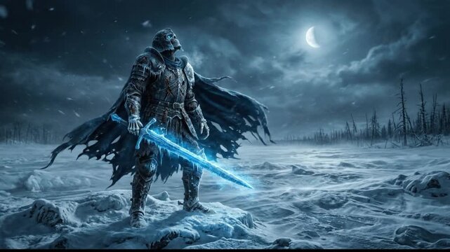 Dark warrior holding glowing ice sword in snowy winter