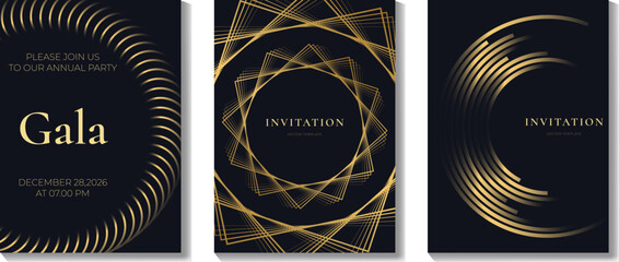 Fototapeta premium Elegant luxury invitation card set vector. Gold geometric line frames on black background for gala, wedding, party, and premium event stationery design.