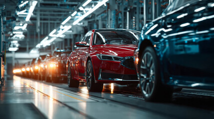 Automated car production line in modern factory with dramatic cinematic lighting