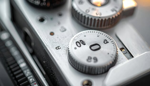Close-up of a vintage cameras shutter speed dial and other controls, showcasing intricate details and classic design.