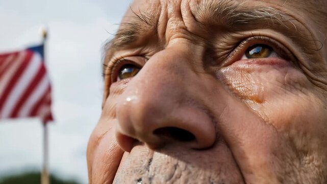 Elderly man crying while looking at American flag. Emotional mature male face showing deep sorrow or patriotism. Symbol of national pride and historical transition.