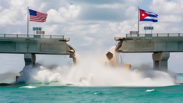 Damaged bridge with American and Cuban flag falling into ocean. Political division and diplomatic isolation metaphor. Geopolitical conflict and maritime crossing.