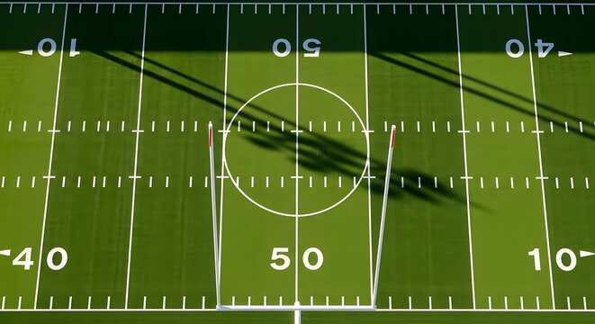 Aerial View of American Football Field Yard Lines and Center Circle.