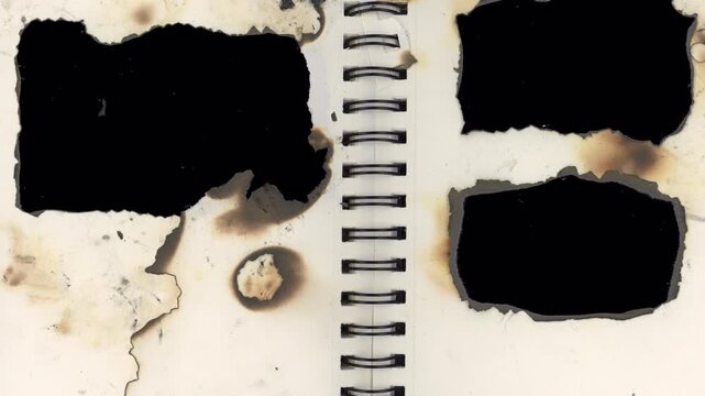 Abstract Burned Paper Texture with Black Holes and Spiral Binding.