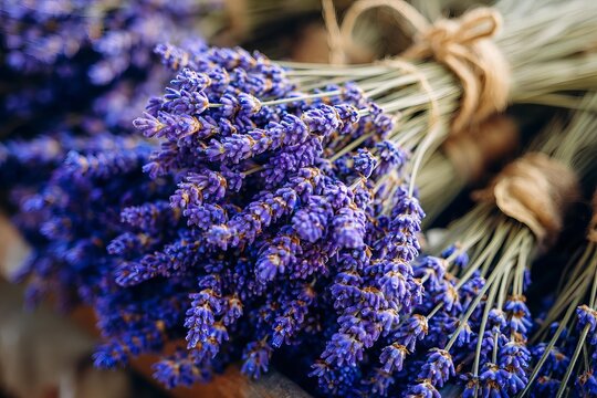 Bundles of dried lavender tied with twine, ready for use