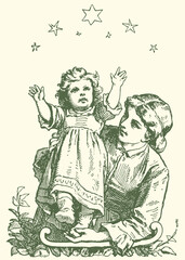 Vintage style vector illustration depicting a mother holding a small child reaching up towards twinkling stars above them during twilight