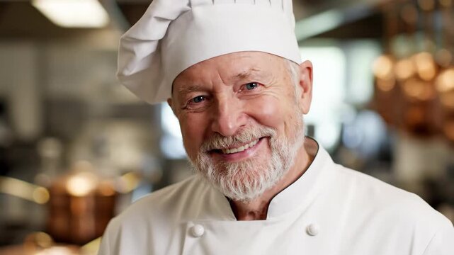 Portrait of smiling man chef wearing white uniform and hat in restaurant kitchen. Professional cook posing at workplace. Culinary expert for gastronomy concept.