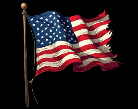 Vector design with drawing
of torn national flag of usa is fluttering in wind. 
Fashion t-shirt print. American pattern 
of stars and stripes for textiles, fabric, clothing.