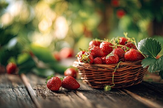 Freshly picked ripe red strawberries in a rustic woven basket on a wooden table outdoors.