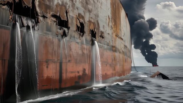 Damaged oil tanker leaking water after explosion at sea. Burning cargo ship sinking in ocean during maritime conflict. Geopolitical tension and energy crisis.
