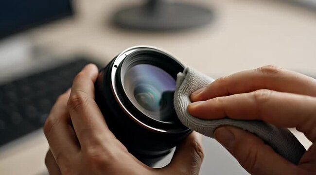 Close up of person cleaning camera lens with microfiber cloth indoors