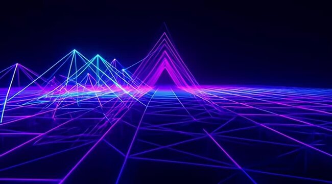 Abstract cyberpunk neon landscape of wireframe mountains against a dark background