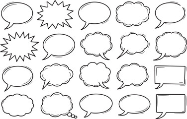 Fototapeta premium A versatile vector graphic illustration featuring a collection of unique, hand-drawn doodle speech and thought bubbles for comics, social media, and communication design.