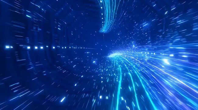 Futuristic abstract blue light streaks and glowing particle tunnel background with motion