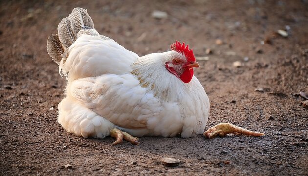 White Chicken With A Bad Leg Lying On The Ground