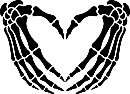 Skeleton hands forming a heart shape, gothic love symbol, black silhouette illustration