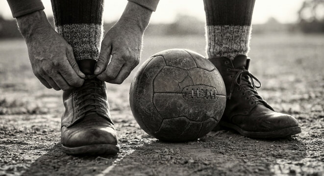 Vintage black and white close up of a soccer player tying the laces of old leather boots on a dirt field next to a classic stitched ball as a symbol of sports history and athletic tradition