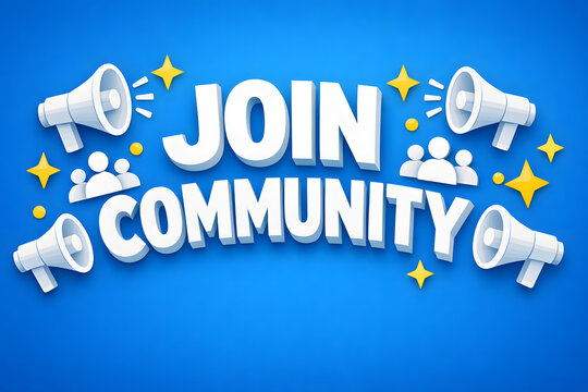 Join Community 3D Paper Cut Text with Megaphones on Social Blue
