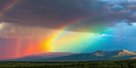 Fototapeta premium Vibrant rainbow arcs over mountains, green fields. Dramatic sky features rain, clouds, intense colors. Beautiful natural scenery.