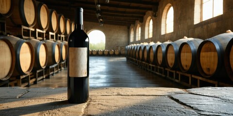 Naklejka premium Wine bottle sits amidst stacked barrels. Dim cellar offers rustic ambiance, light streams through windows. Quiet, aged atmosphere.