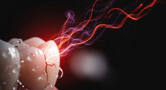 Acute dental pain, throbbing toothache discomfort, visible cracks on enamel, intense nerve sensitivity radiating, urgent oral health problem, symbolizing need for professional care