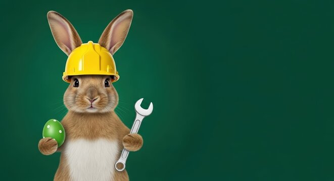 Cute bunny in yellow hard hat holding painted easter egg and wrench on vibrant green background. Easter celebration banner with copy space. Construction idustry, mechanic's services