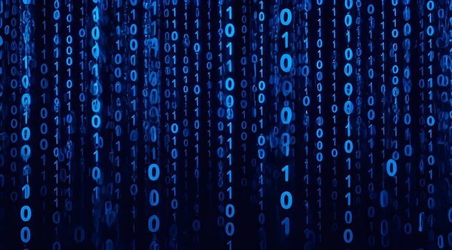 Abstract blue binary code background with falling zeros and ones, matrix style