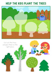 Fototapeta premium Vector garden cut and glue activity. Crafting game with cute spring landscape, kids gardeners planting trees. Country house printable worksheet. Find right piece of the puzzle. Complete picture
