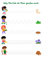Fototapeta premium Vector garden handwriting practice worksheet with kids gardeners doing gardening work. Preschool drawing printable activity. Spring tracing game for writing skills with children